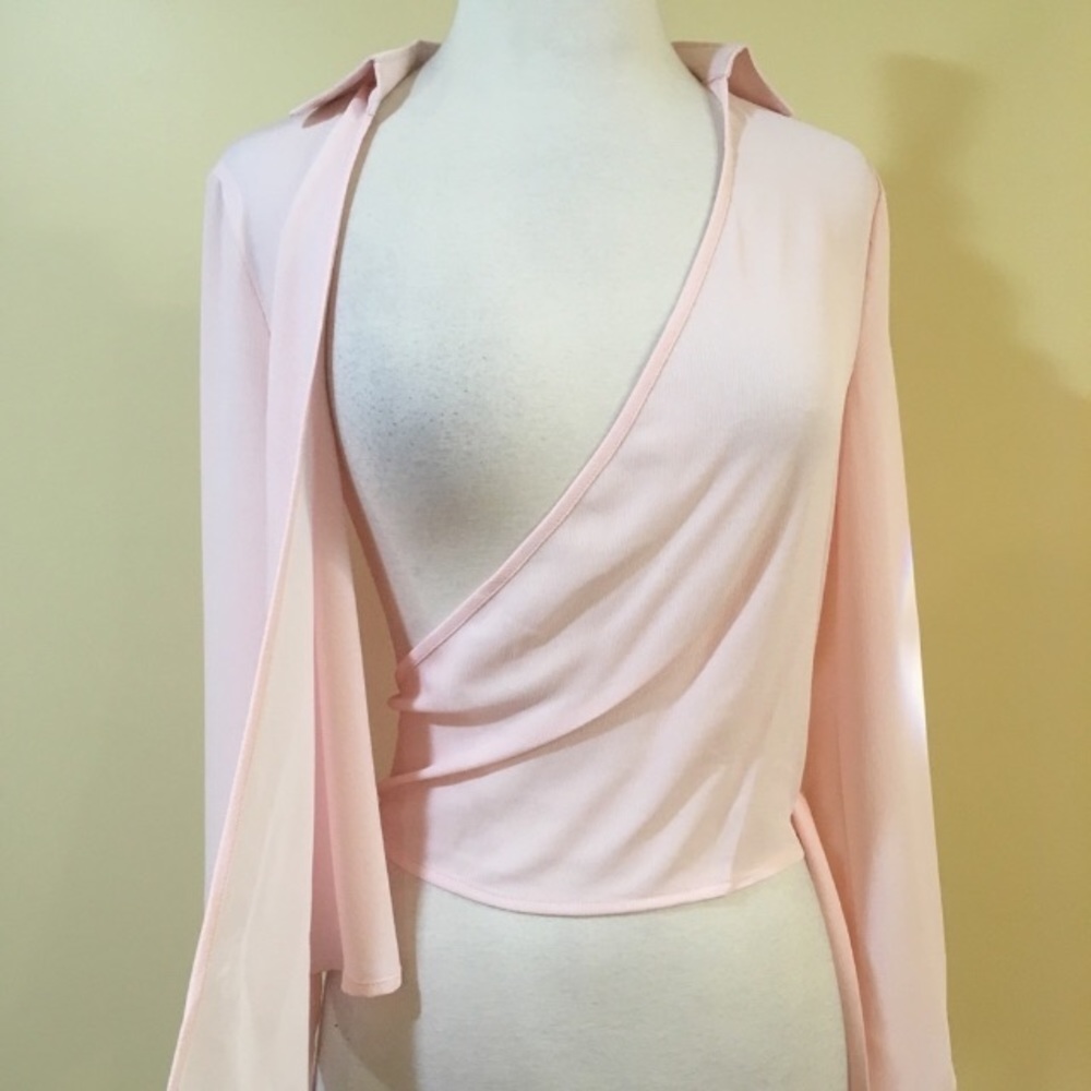 Blush Tie Front Surplice Wrap Around Blouse - Picture 5 of 6